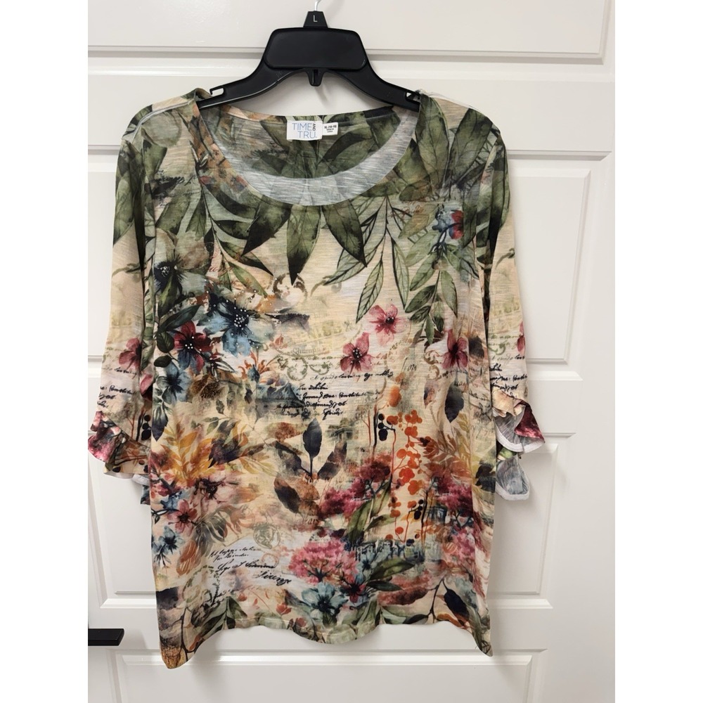 Time and Tru Womens XL 16/18 Floral Sequin Blouse Bell Ruffle Sleeve Top
